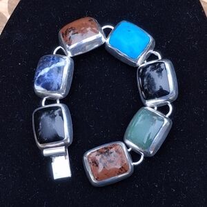 VTG Taxco Mexico Sterling Silver Multi-Gemstone Link Bracelet Turquoise T2-17